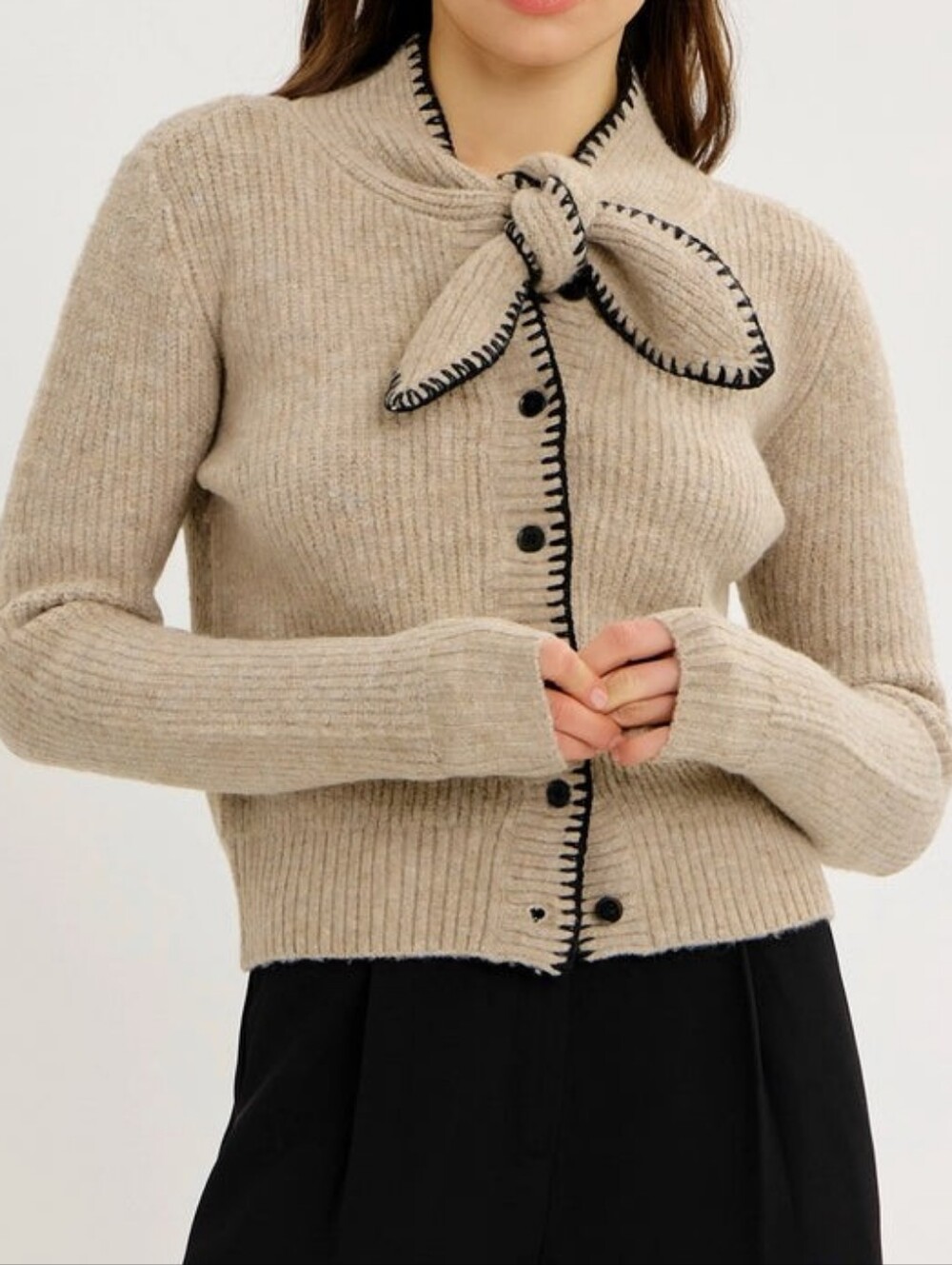 NWT COMMENSE | Tie Neck Contrast Trim Wool Blend Cardigan - Picture 6 of 9